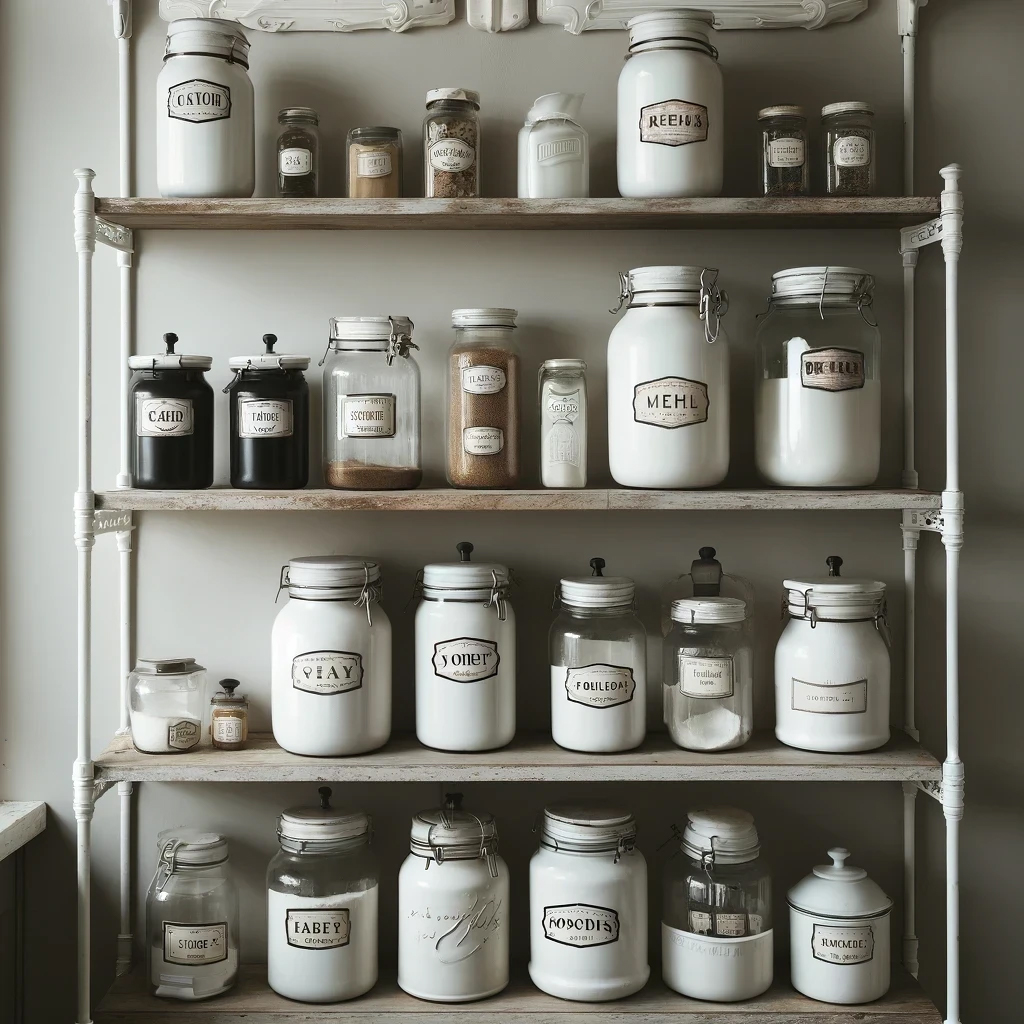 Vorratsregal mit Gläsern und einheitlicher Etikettierung