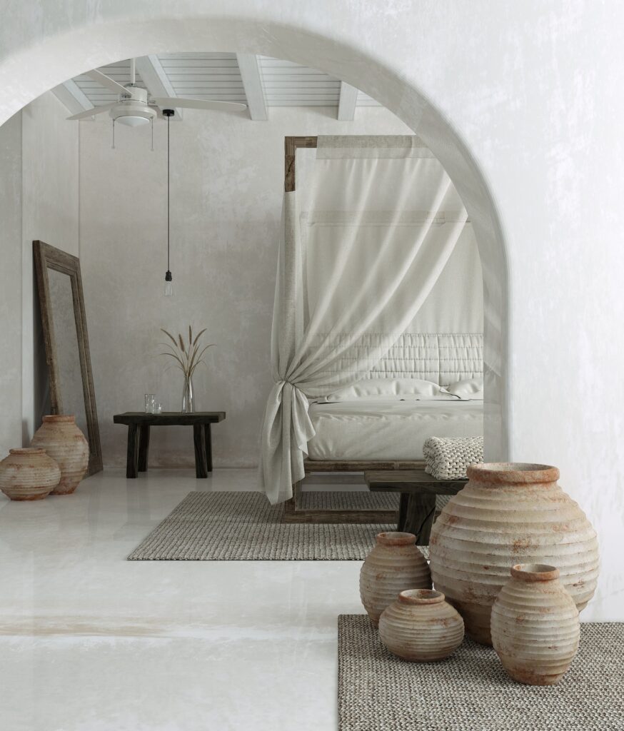 Natürliches Schlafzimmer mit wundervollen Einrichtungsgegenständen